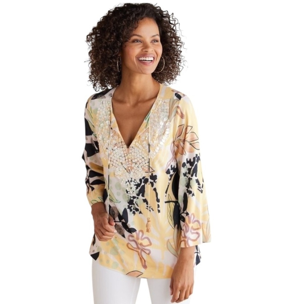 Soft Surroundings Shirt Women Small Yellow Floral Vigne Tunic‎ Boho Festival